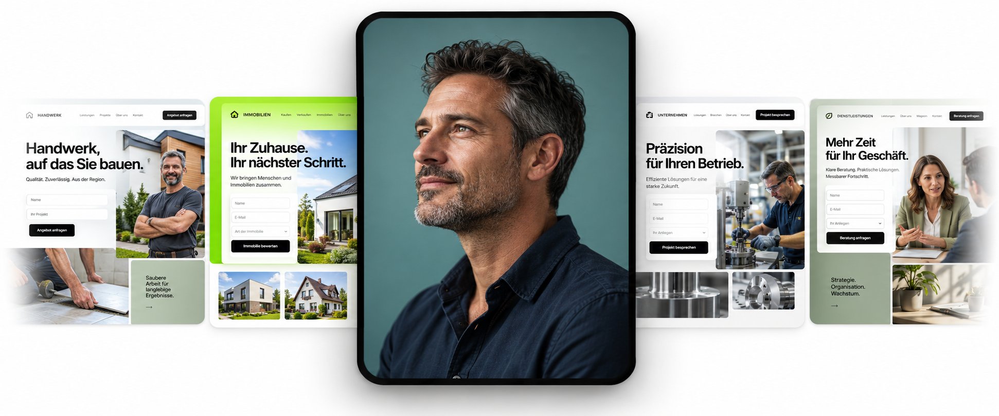 Beispiel-Websites für Handwerk, Immobilien, Unternehmen und Dienstleistungen, in der Mitte ein Tablet mit einem passenden Kunden